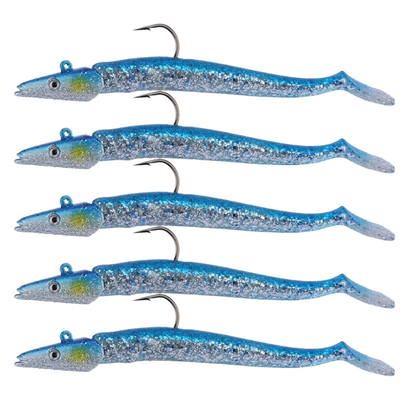 

Lead Head Jigs Soft Fishing Lures with Hook Sinking Swim baits for Saltwater and Freshwater (Pack of 5) Blue