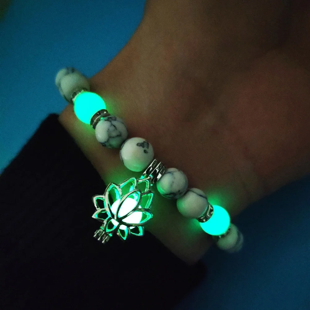 Натуральные камни Светящиеся в темноте браслет светящийся цветок лотоса в форме шарма браслет для женщин молитва йоги ювелирные изделия в стиле буддизма