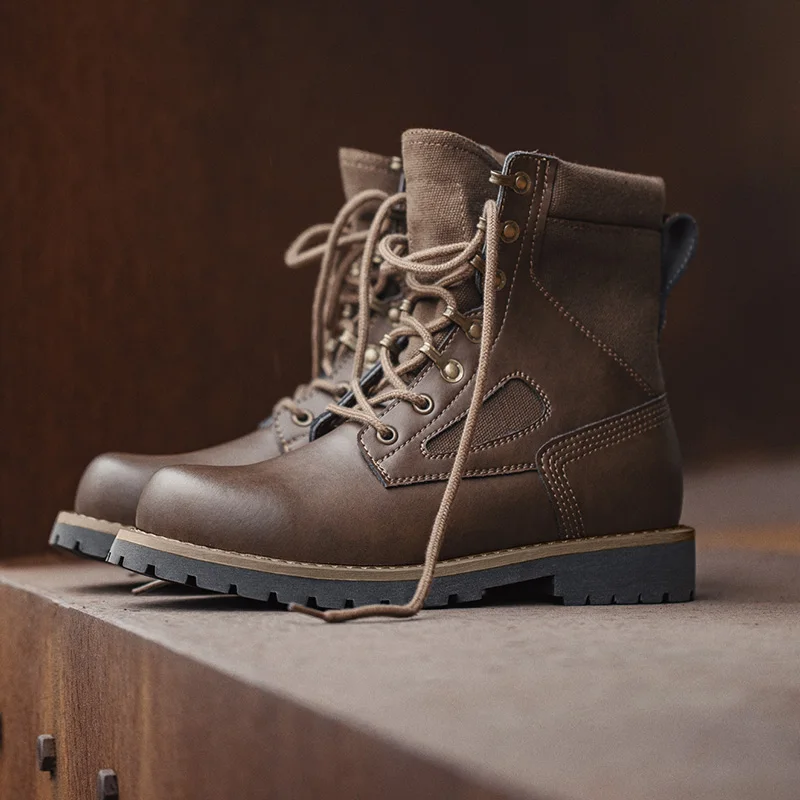 Maden Men's Genuine Leather Desert Boots Mid Retro High Street Martin Boots British Combat Boots Work & Safe Motorcycle Boot