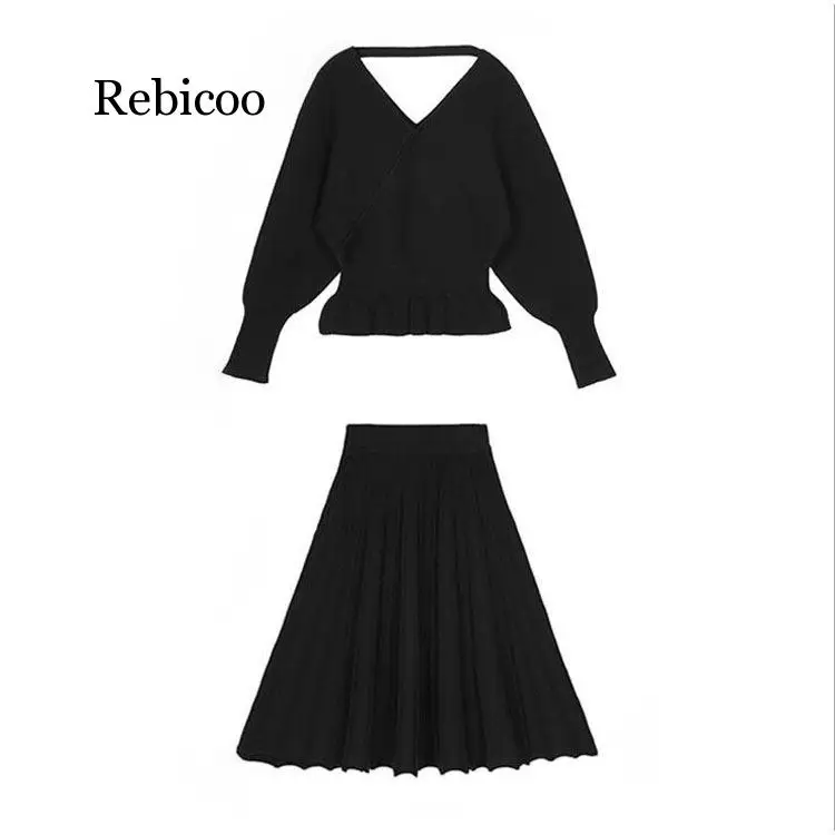 Knitting Pleated Skirt Suit Autumn Winter V Neck Sweater Pullovers Elastic Waist Long Skirt Sets 2 Piece Set