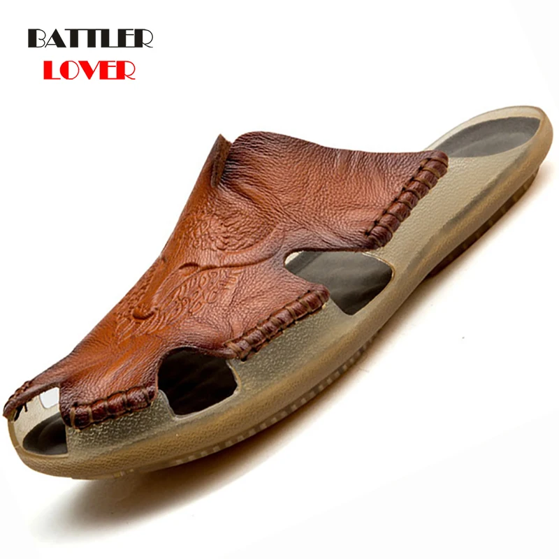 2019 Genuine Leather Non-slip Slippers Men Beach Sandals Comfortable Handmade Summer Shoes Men Slippers Classics Men Flip Flops