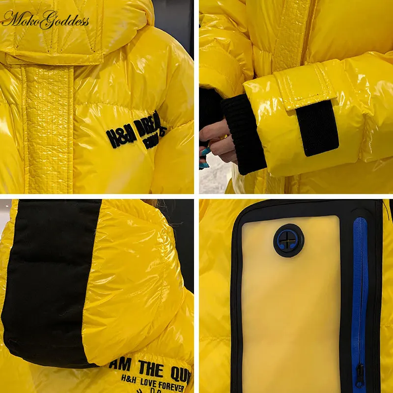 Женская Блестящая парка с капюшоном MokoGoddess модная Длинная зимняя куртка надписью