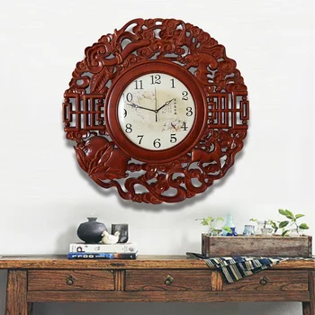 

New Chinese Style Solid Wood Living Room Wall Clock Dongyang Wood Carving round Clock Classical Temperament Decoration Clock