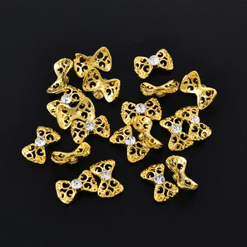 

10pcs Gold Hollow Bowknot Glitter Rhinestones for Nails Alloy Christmas Holiday Celebration Nail Art Decorations 3d Nail Jewelry