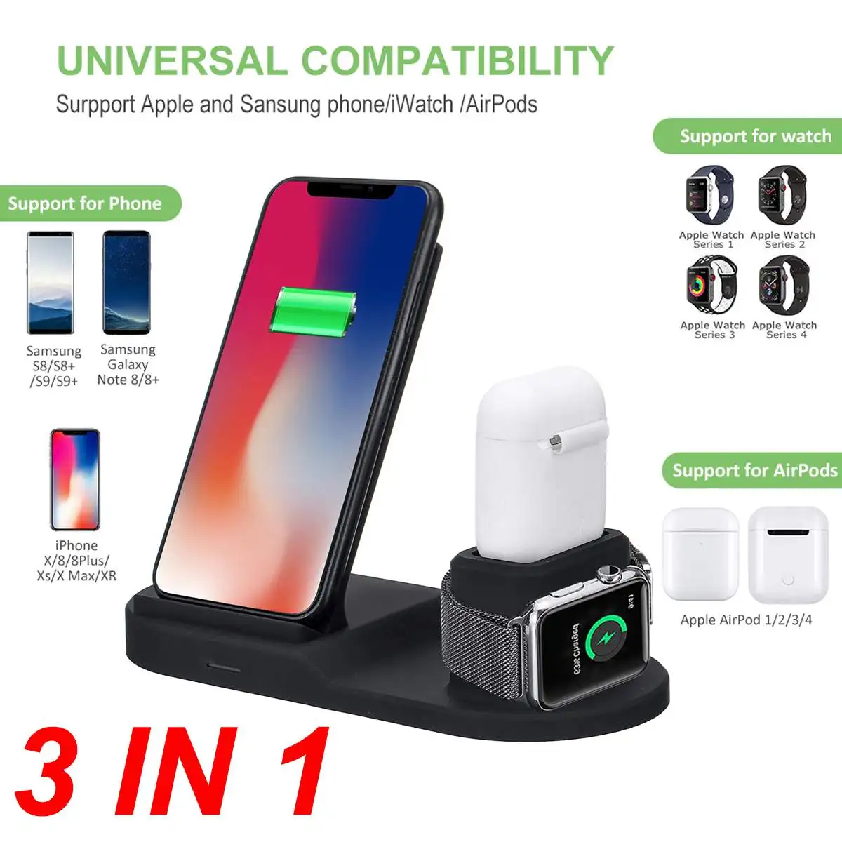 

3in1 10W Qi Wireless Charger ForAirPods Dock Station Fast Charging for Apple Watch 1 2 3 4 For iPhone XR XS Max For Samsung S9