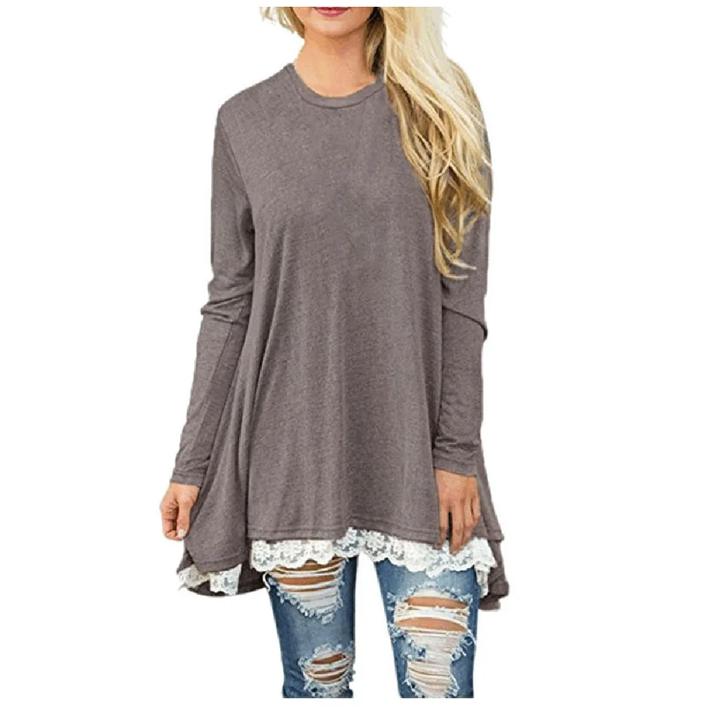 Poleras mujer de moda camiseta mujer Футболка женская кружевная Повседневная Туника с длинным рукавом Топы свободная футболка camisa feminina