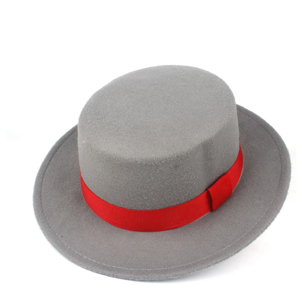 Gray Женская шерстяная шляпа Fedora на плоской подошве с красной лентой, элегантная женская одежда, Трилби, свиной пирог, чародейка, джазовая шляпа, размер 56-58 см - Цвет: Gray
