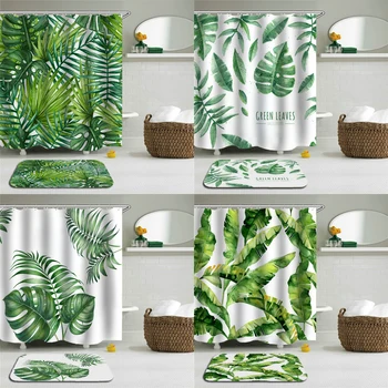 

2pc Green Plants Leaves Shower Curtains Set Bathroom Waterproof Polyester With Rectangle Non-slip Floor Mat Bath Curtain Set