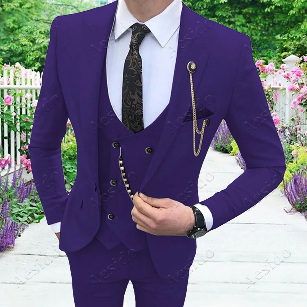 Purple Aesido повседневные мужские костюмы, приталенные смокинги для выпускного, двубортный Блейзер, жилет, брюки, набор, классический костюм для свадебных женихов, мужские - Color: Purple