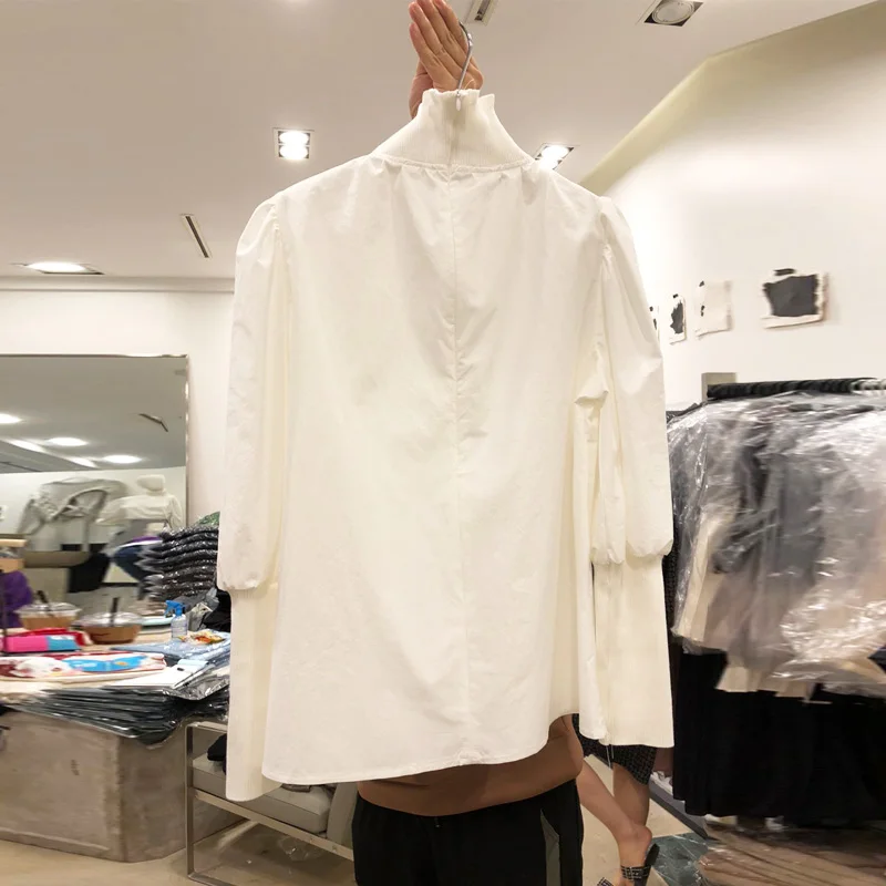 2020 Spring New Turtle-Neck Puff Sleeve Blouse Ladies White Shirt Temperament Long-Sleeve Solid Color Blouse Blusa Mujer Blusas - 4.00068E+12