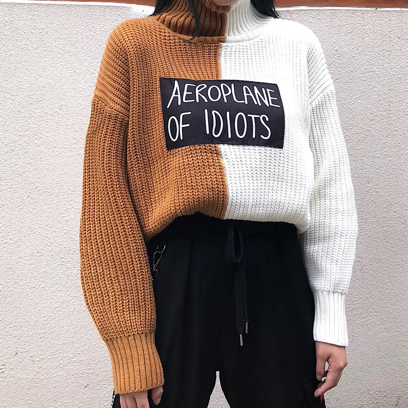 

Ladies Cropped Knit Jumpers Patchwork Turtleneck knitted Pullovers Sweater Women Winter 2019 Long Sleeve Sweaters for Women