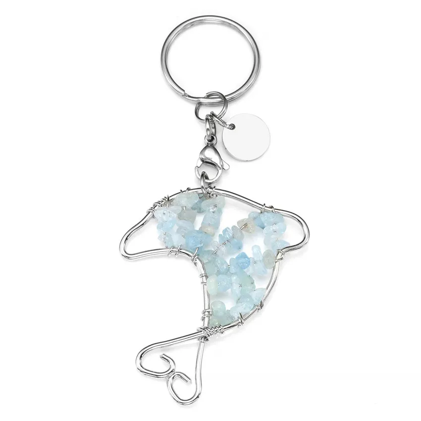 

Silver Plated Lobster Clasp Circle Lovely Dolphin Aquamarines Crystal Key Chain Tourmaline Stone Animal Jewelry