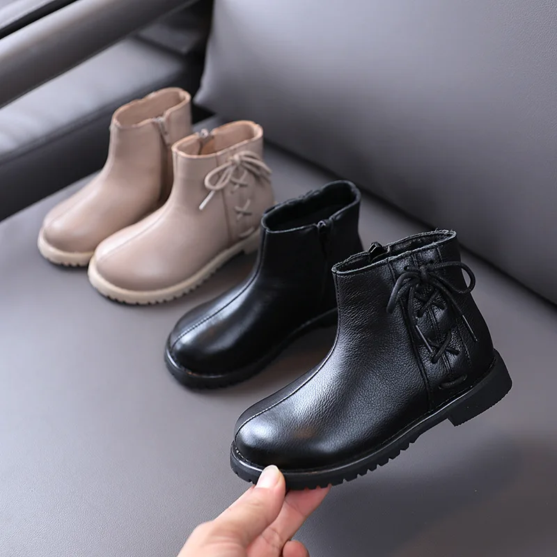 

Girls genuine leather Martin Boots Solid Color boys cowhide shoes Children Warm Boot Soft Boot zipper Kids Sneakers outdoor 2020