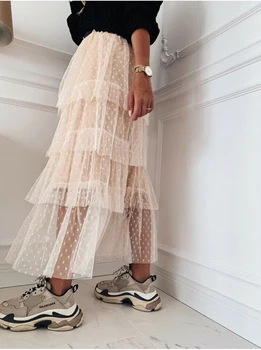 

Women's Fashion Girl High Waist Tutu Long Skirt Club Prom Party Party Tulle Polka Dot Layered Skirt Elegant Ladies Streetwear