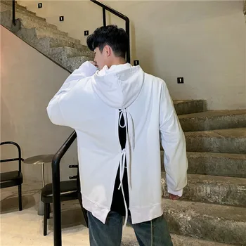 

Male Women Streetwear Hip Hop Fleece Thick Sweatshirt Men Autumn Winter Back Slit Bandage Loose Casual Hooded Pullovers Hoodie