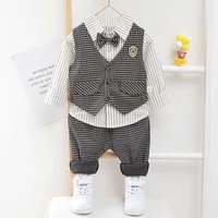 Enfants enfants Gentleman vêtements Costume anniversaire fête de mariage ensemble élégant bébé garçon tenue décontracté chemise rayée gilet pantalon Costume 4