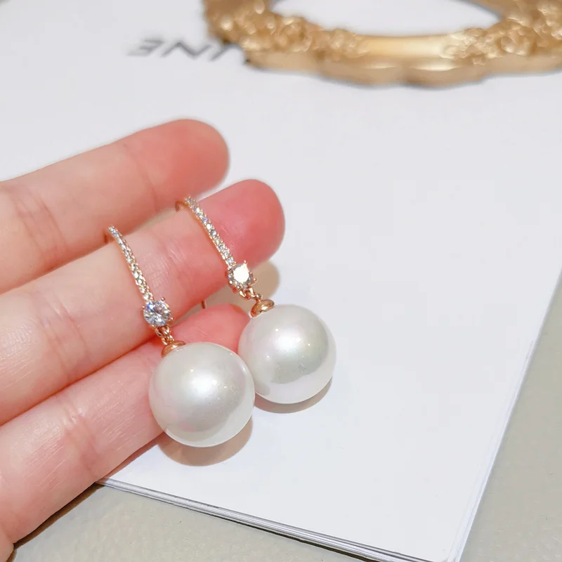 Elegant Big Simulated Pearl Drop Earrings For Women Rose Gold Color