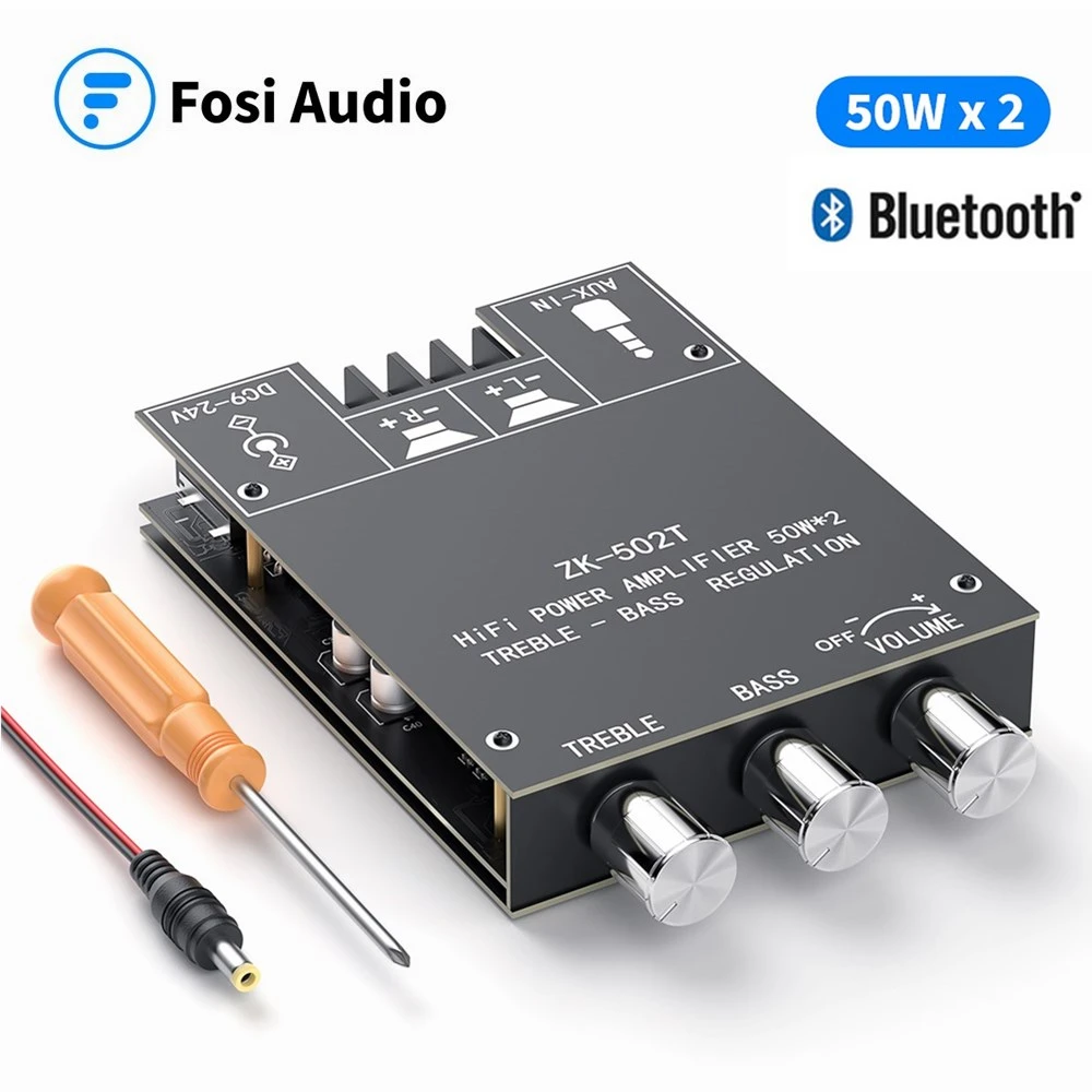 Fosi Audio Bluetooth 5.0 Audio Receiver Amplifier Board Wireless Power Digital AUX Amp Module Bass & Treble TPA3116D2 50W x2