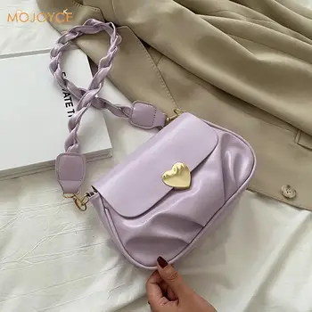 

Retro Women Pleated Messenger Handbags Solid Color Woven Belt Small Totes Female PU Leather Love Buckle