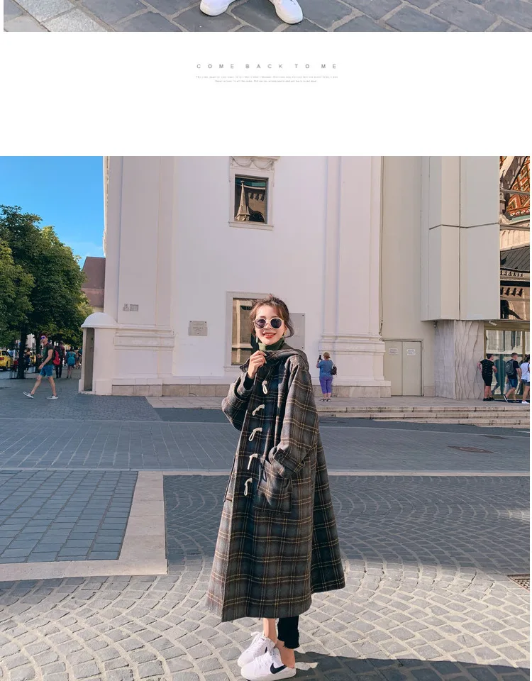 Фотосессия CHIC для любителей литературы и искусства по возрасту переключения, классическое платье в клетку джинсы прямого покроя с длинным капюшоном Шерстяное полупальто Осенняя женская обувь