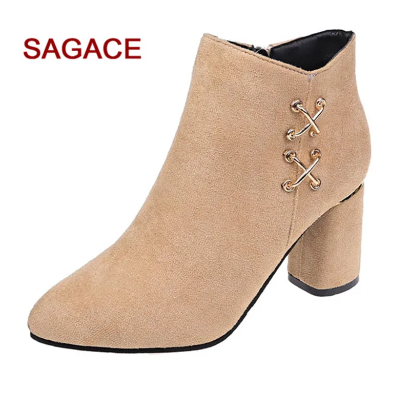 

2019 Women Ankle Boots Pointed Toe Square Heels Flock Shoes Retro Autumn Winter Boots Zipper botas mujer invierno
