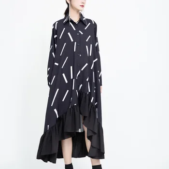 

New 2020 Women Summer Long Black Striped Printing Single Breasted Lapel Shirt Dress Splicing Irregular Ruffles Hem Dresses Robe