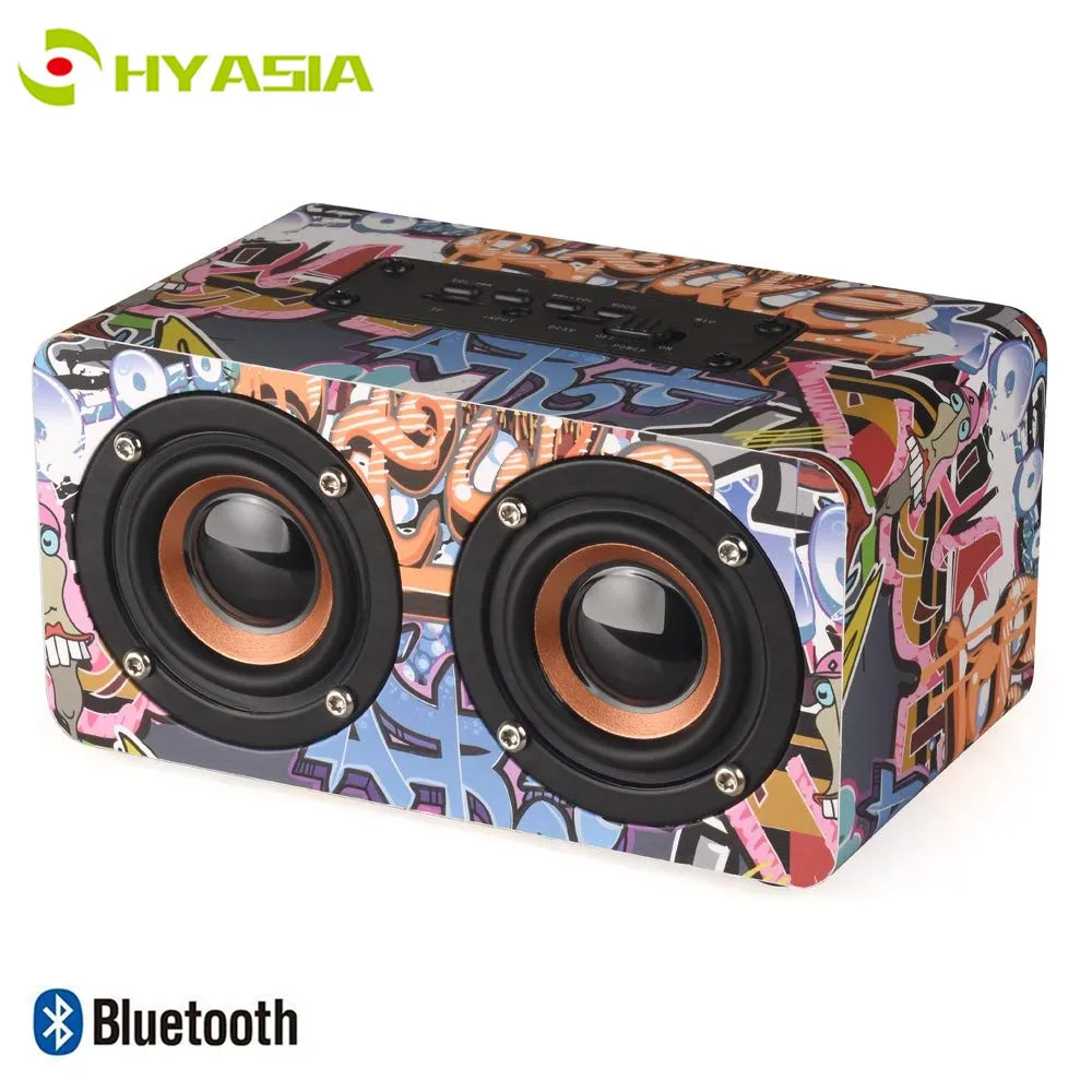 

HYASIA Multicolor Wooden Bluetooth Speaker Wireless Graffiti 3D Stereo Music Surround portable speakers PC support TF AUX FM