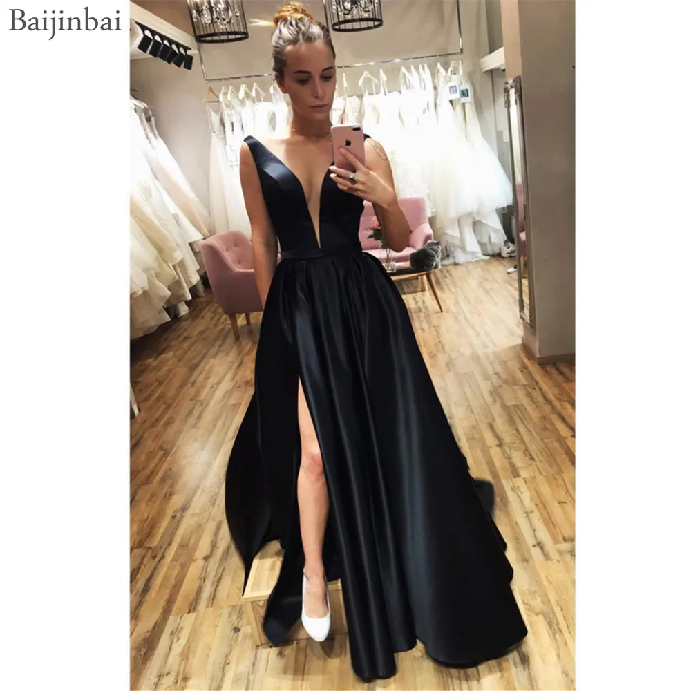 

Baijinbai Sheer Deep V-Neck Sexy Prom Formal Gowns A-line Satin Slit Evening Dresses Long Sleeveless robe de soiree Navy Blue