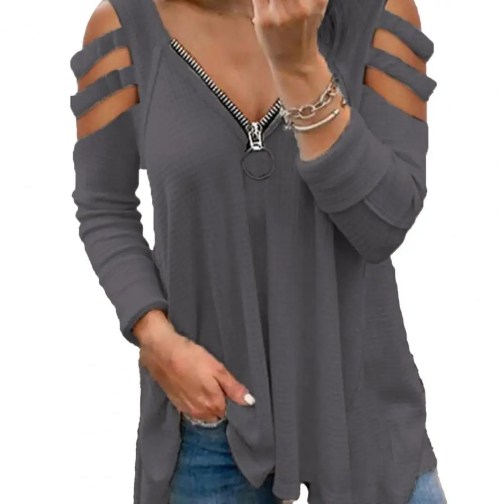 

Blouse Long Sleeve Loose Cotton Blend Women Hollow Out Cold Shoulder T-shirt Top for Spring 2021 Casual Loose Blouse