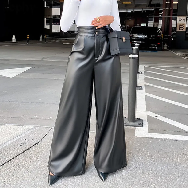 Pantaloni lunghi dritti in pelle elastica a vita alta a tutta lunghezza pantaloni  larghi in ecopelle da donna tasche da donna Pantalones De Mujer -  AliExpress Women's Clothing