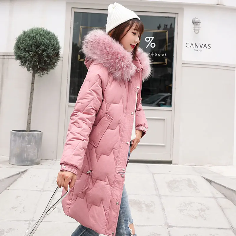 PINK Женский яркий меховой воротник, длинный капюшон, большой размер, зимний пуховик, Толстая теплая куртка с хлопковой подкладкой, ватные парки, 3D большой карман - Цвет: PINK