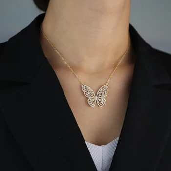 

New Zircon Pendant Butterfly Necklace For Women Gold Sliver Color Long Tiny Chain Mini CZ Round Animal Necklaces Fashion Jewelry