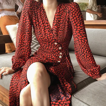 

Women Dress 100% Viscose Wrap Lips plum flower Print V-neck Lace-up Sashes Long Sleeve Midi Dresses