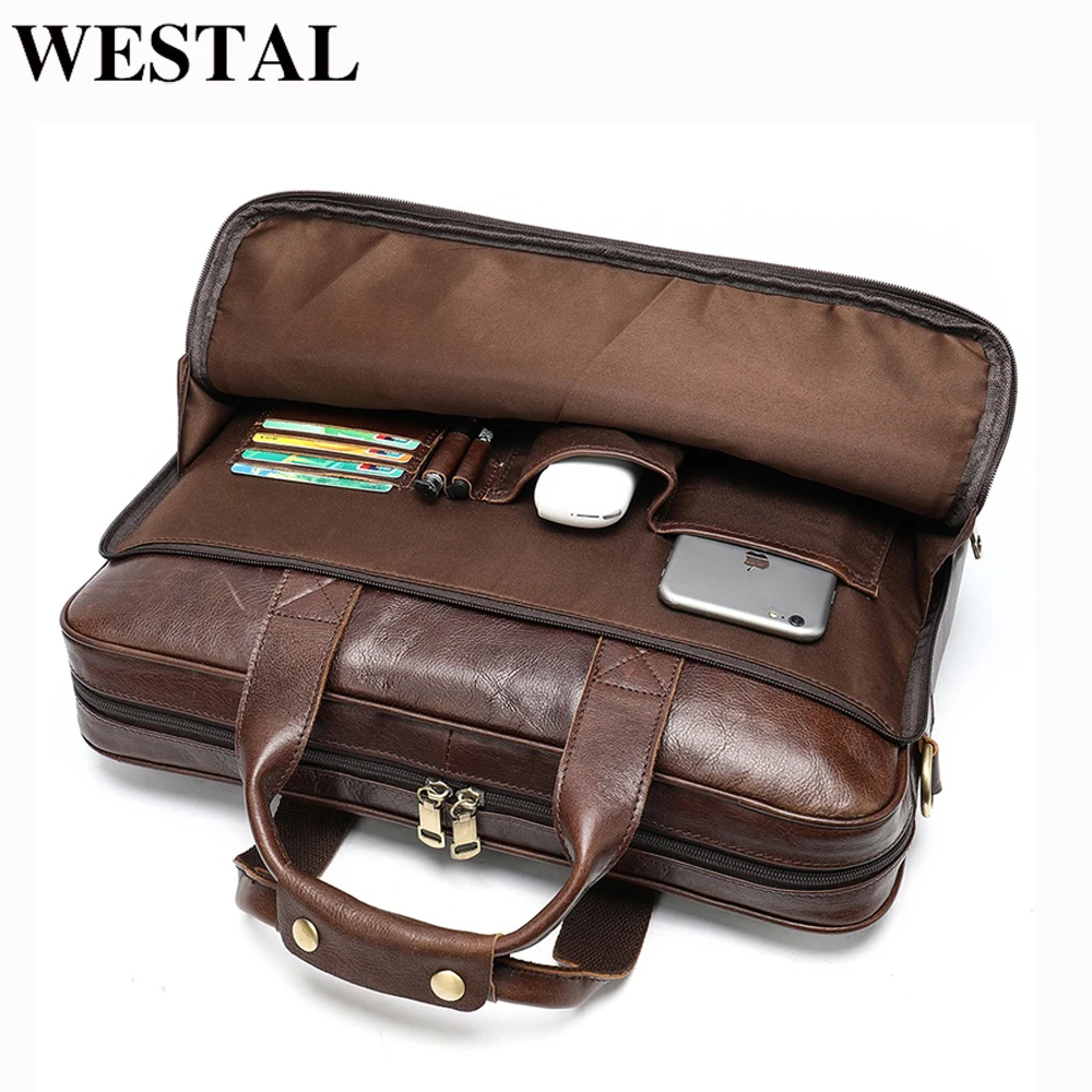 WESTAL Men briefcase totes men's bag genuine leather 15'' laptop bag leather male briefcases for do