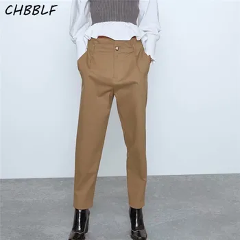 

CHBBLF women stylish ankle-length pants zipper pockets high waist folds female fashion casual pantalones HJY8748