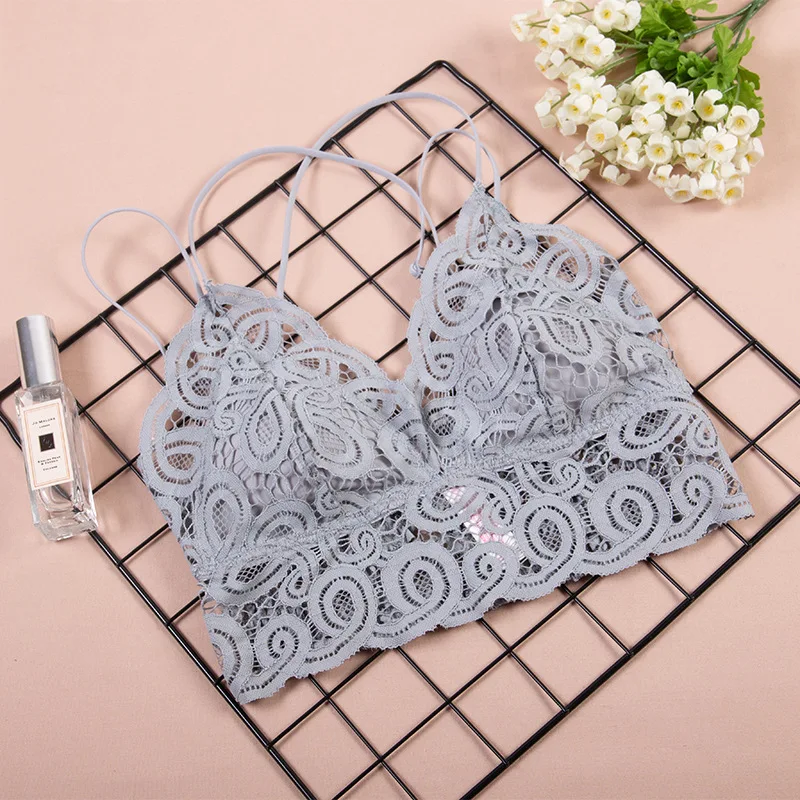 Honviey retro lace Underwear crop top women anti-glare abdomen thin femme sexy wirefree bralet cross beauty back bra plus size