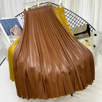 

New 2020 Autumn Winter Pu Leather Pleated Skirts Elastic High Waist Multi Colors Fashionable All-match Midi Skirt Female