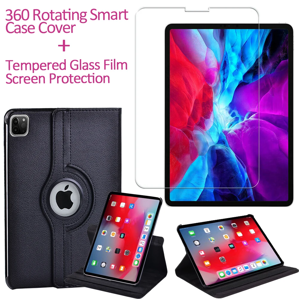 

360 Rotating Case for Apple IPad Pro 11" (2018 1st Gen/2020 2nd Gen)/Air 4 10.9" (2020) Flip Black Tablet Case + Tempered Glass