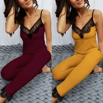 

2020 Sexy V-neck Lace Panel Spaghetti Strap Pajamas Set Leisure Pajamas Pajamas Two-Piece Pajamas for Women