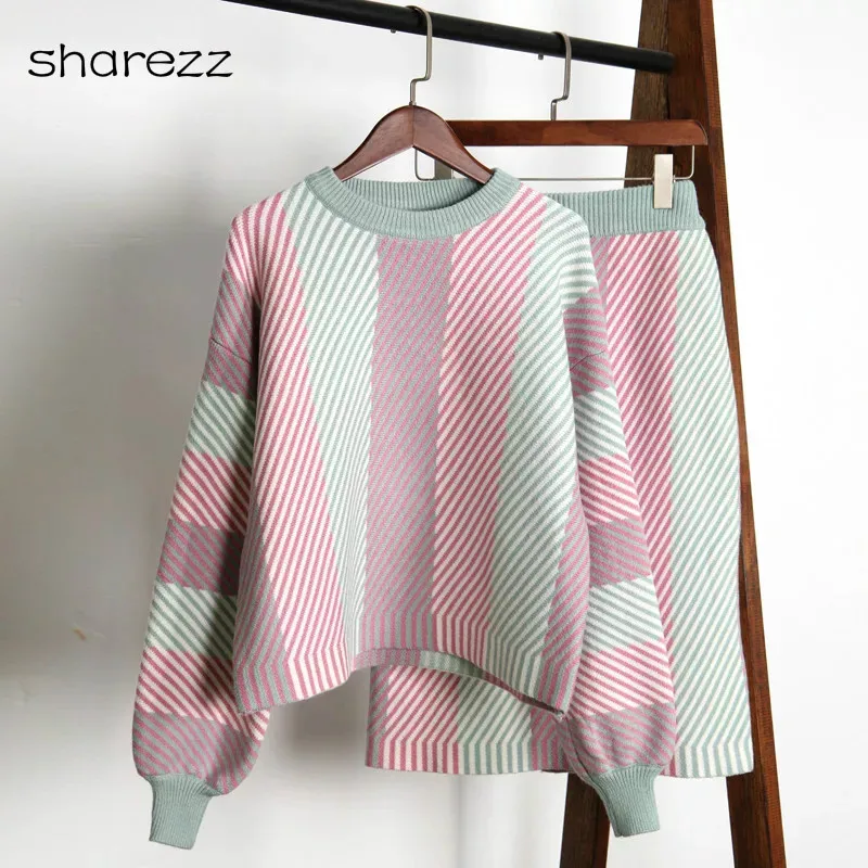 

Knitting Female Sweater Skirt Suit for Women Two Piece Set Knitted Pullover Long Colorful Striped Top Wide Sweater Skirt Suit