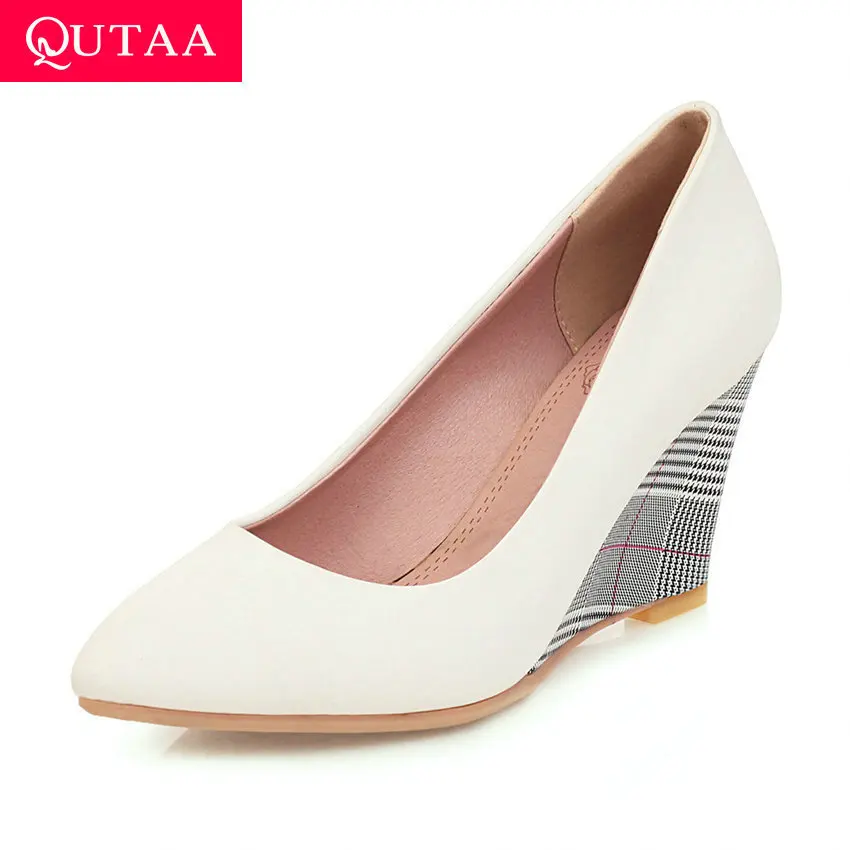 

QUTAA 2020 PU Leather Slip on Women Shoes Sexy Pointed Toe Women Pumps Wedge Heel Fashion Shallow Ladies Single Shoes Size 34-43