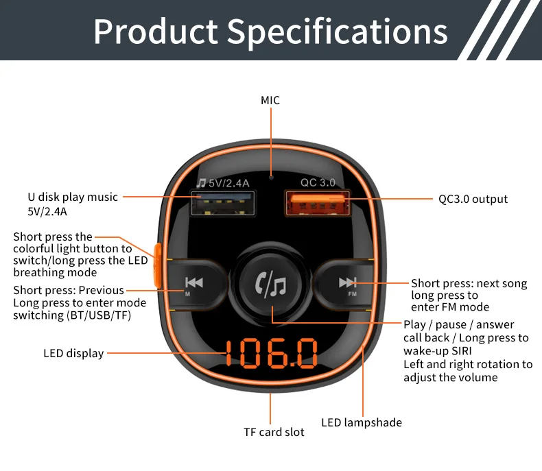 Bluetooth fm-передатчик QC3.0 двойной зарядное устройство USB 7 цветов беспроводной радио автомобильный адаптер громкой связи с tf-картой/U диском