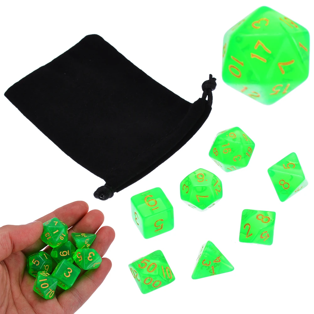 New 7pcs/set Translucent Multi-side Polyhedral Green Dices Set For RPG Dragons  Dungeons with Dice Bag Set