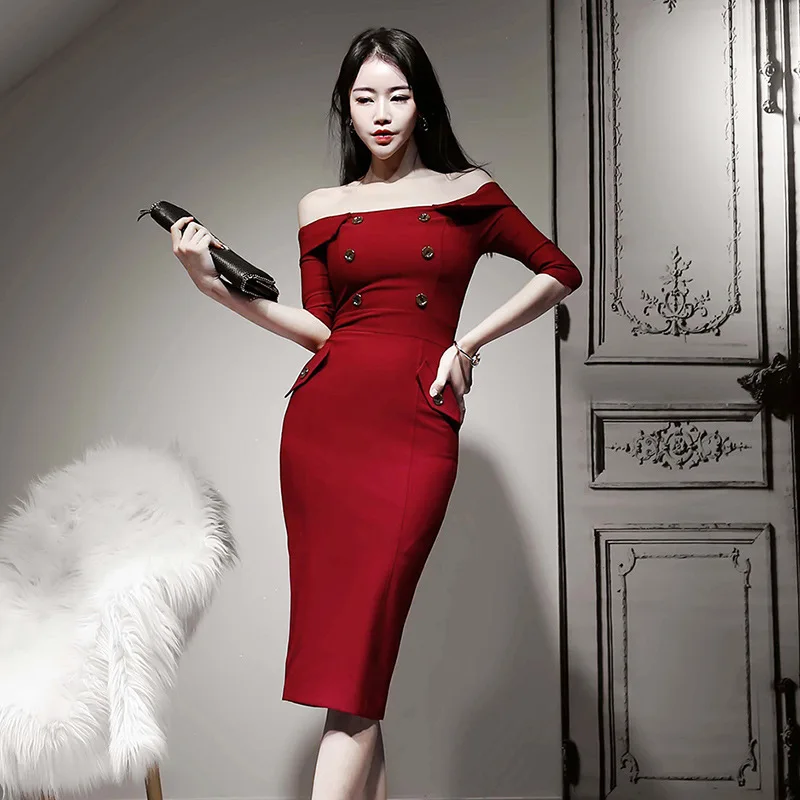Foamlina Сексуальное Красное Облегающее платье с открытыми плечами Vestidos модное женское приталенное вечернее платье с вырезом лодочкой и коротким рукавом