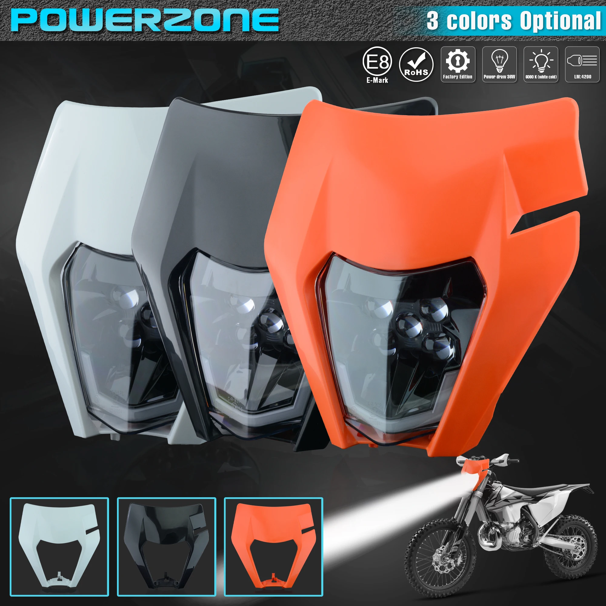 PowerZone Motorcycle LED Headlight Headlamp Head Light Supermoto Fairing For KTM EXC SXF MX Dirt Bike Enduro LED Headlight