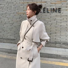 

Trench Coat Women elegant Stand Collar With Belt Pick Hip Solid Beige High Street 2021 New Autumn Fashion Coat TU159