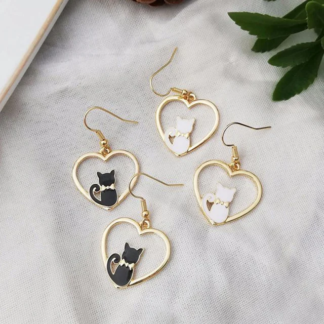 Boucles d oreilles chat mignon pour femmes en forme de c ur creux fleurs douces goutte