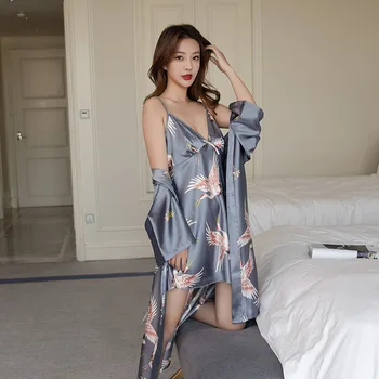 

Print Women Bride Bridesmaid Wedding Robe Nighty&Robe Set Satin Casual Sleep Suit 2PCS Sleepwear Sexy Kimono Gown Nightgown
