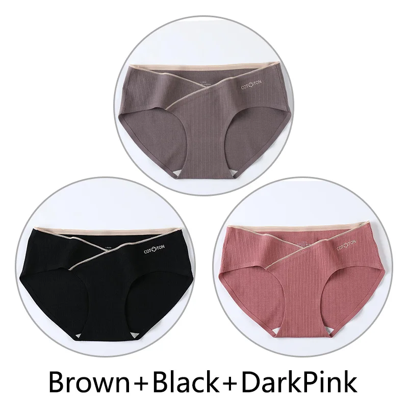 Комплект из 3 предметов, V-образный Нижнее Белье для беременных Мягкий Хлопок Женщины трусы беременности и родам дышащие трусы с низкой талией Нижнее белье - Цвет: Brown Black DarkPink