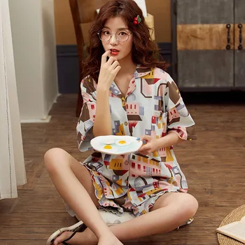 

Summer Loose Pajama Sets Women cartoon animals Print 2 Pieces Shorts Elastic Waist Pyjamas Women Pijamas пижама женская